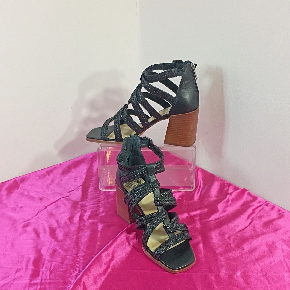 Vince Camuto Nissena Black Leather 3" Block Heel Strappy Sandals 7M